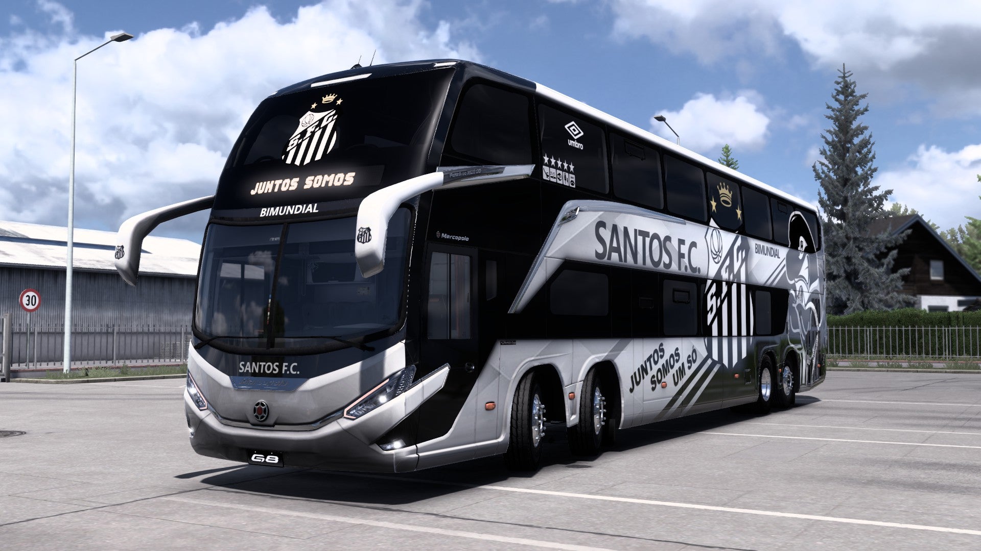 Santos FC Skin Mod for the G8 1800 DD 8x2 Bus in ETS2 and ATS.